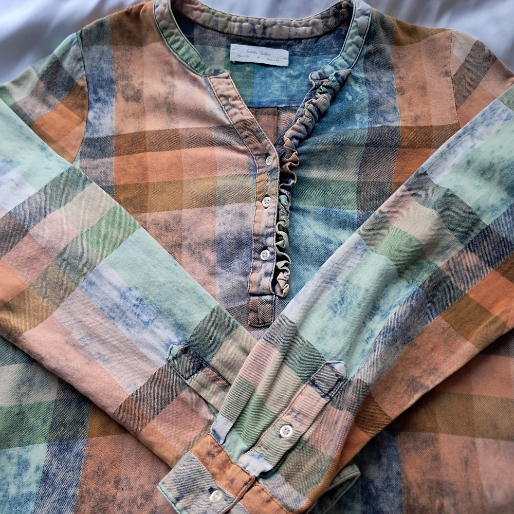 Isabella Sinclair Anthropologie Women's Ruffled Tonal Plaid Henley Medium